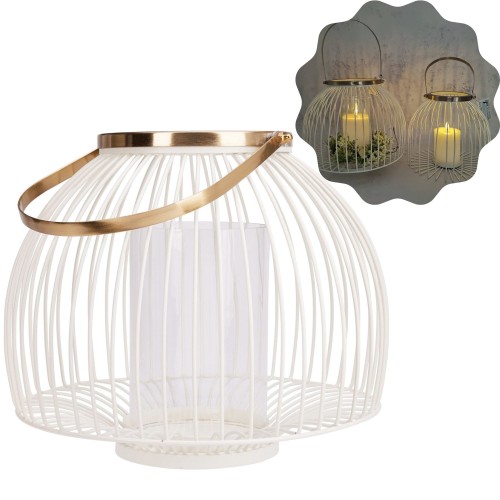 Lampion metalowy biały Ø 28 ze złotym uchwytem