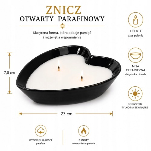 ZNICZ SERCE otwarty ceramiczny parafinowy zalewany 27x 22 cm wysoki 7,5 cm