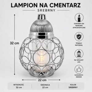 ZNICZ SREBRNY metalowe koła h 32 cm lampion na cmentarz