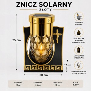 ZNICZ solarny całodobowy ZŁOTY h 25 cm znicz fotowoltaiczny