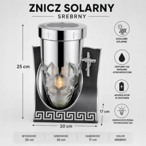 ZNICZ solarny metalowy SREBRNY h 25 cm lampion solarny fotowoltaiczny