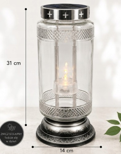 ZNICZ solarny h 31 cm lampion solarny fotowoltaiczny srebrny duży znicz