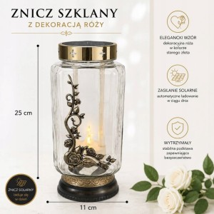 ZNICZ solarny RÓŻA h 25 cm lampion solarny fotowoltaiczny złoty