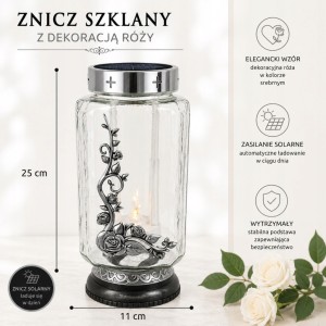 ZNICZ solarny RÓŻA h 25 cm lampion solarny fotowoltaiczny srebrny