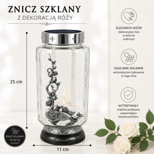 ZNICZ solarny RÓŻA h 25 cm lampion solarny fotowoltaiczny srebrny