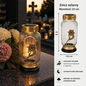ZNICZ solarny RÓŻA ZŁOTY h 23 cm lampion solarny fotowoltaiczny