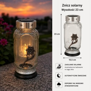 ZNICZ solarny RÓŻA SREBRNY h 23 cm lampion solarny fotowoltaiczny
