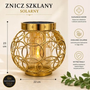 ZNICZ solarny kula metalowy ZŁOTY h 23 cm znicz fotowoltaiczny całodobowy