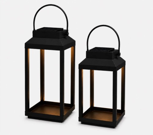 Lampa Solarna Lampion solarny metalowy czarny komplet 2 szt. 36 cm i 32 cm