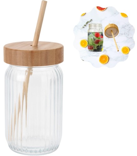 SŁOIK ZE SŁOMKĄ 500ml bambusowa pokrywka + słomka